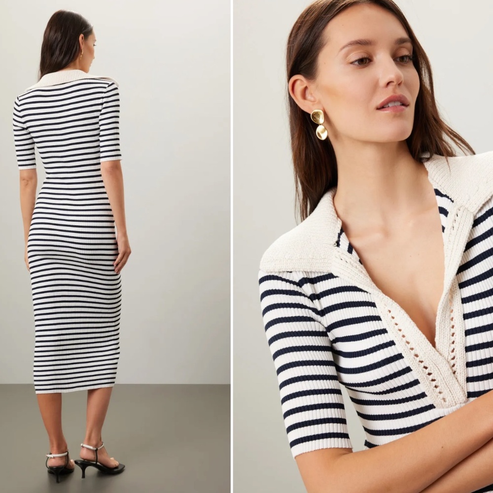 Sz Large L Darcy Dress A.L.C Navy Blue White Stripe Sweater Crochet Dress - Picture 2 of 6